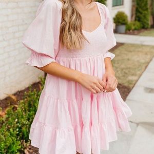 Boutique Big Hit Hale House Pink Gingham Tiered Smocked Mini Dress Sz M NWT